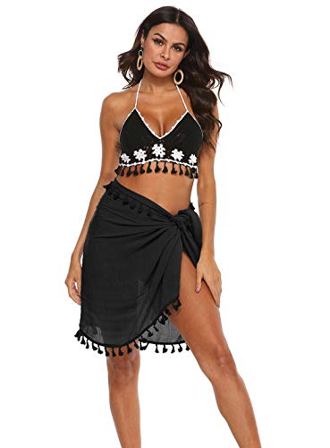 DAMILY Frauen Badebekleidung Cover-Up Beach Pareo Große Bikini Cover-Up mit Pom (Schwarz) von DAMILY