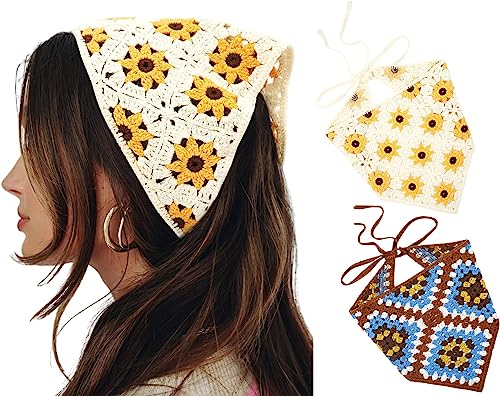 Frauen Häkel-Bandana, 2 Stück, Boho-Kopf, Kerchief, elegant, Spitze, Neckerchief Fashion Accessory (beige-kaffeefarben) von DAMILY