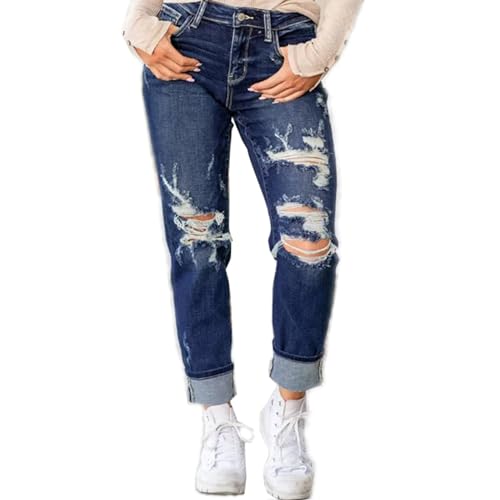 DAMYTION Bauchkontrolle Distressed Cuffed Boyfriend Jeans Zerrissene gerade Damenhose Übergröße Skinny High Waist Jeans, Marineblau, regulär, L von DAMYTION