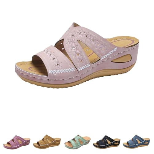 DAMYTION Blisscomfy Arch Support Wide Toe Box Open Toe Sandalen Keilsandalen Dämpfende Sohle Orthopädische Sandalen für Damen, rose, 42(9.5) von DAMYTION