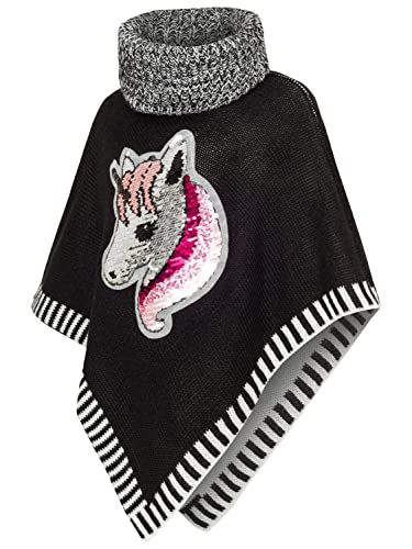 DANAEST Kinder Mädchen Strick Poncho Einhorn Rollkragen Pullover Umhang mit Wende -Pailletten (687) (Schwarz, 152/12 Jahre) von DANAEST