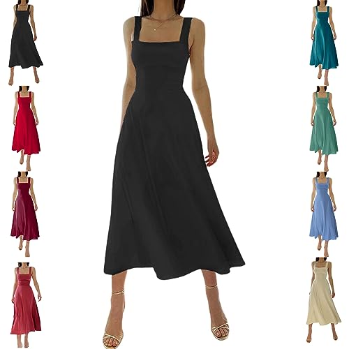 New Women's Thick Straps MIDI Dress, Solid Color Ruffle A Line Beach Slim-fit Waist Dress (B,XXS) von DANC