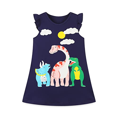 Mädchen Kleider Festlich Dinosaurier Elefant Navy Sommer Ärmellos Weste T-Shirt Kleid Schule Blusenkleid Partykleid Baumwolle Geburtstag Kleider 104 von DAWILS