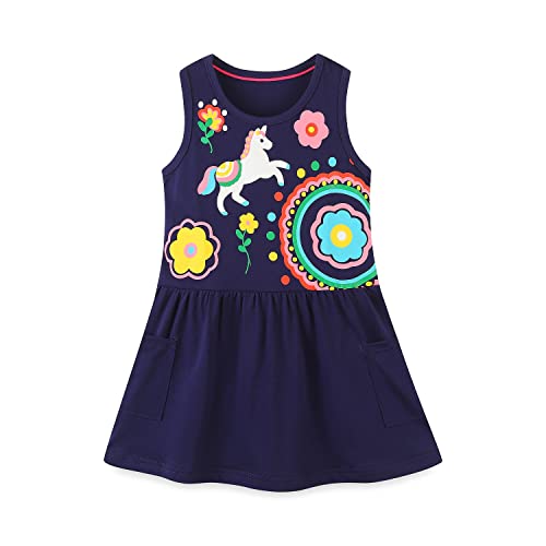 Mädchen Kleider Festlich Einhorn Navy Sommer Ärmellos Weste T-Shirt Kleid Schule Blusenkleid Partykleid Baumwolle Geburtstag Kleider 104/110 von DAWILS