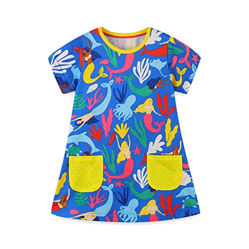 Mädchen Kleider Festlich Meerjungfrau Royalblau Sommer Kurzarm Weste T-Shirt Kleid Schule Blusenkleid Partykleid Baumwolle Geburtstag Kleider 104 von DAWILS