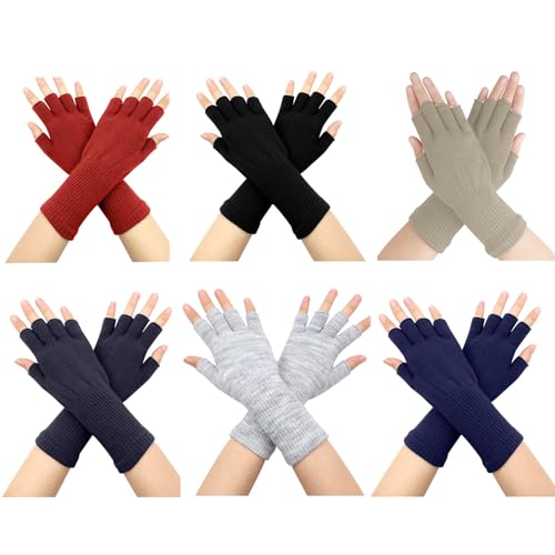 DBAILY Fingerlose Handschuhe Damen 6 Paar Halb Strickhandschuhe Winter Unisex Winter Half Finger Gloves für Männer und Damen Winter Knitted Fingerless Mittens Winter Warmes Herz Geschenk(6 Farben) von DBAILY