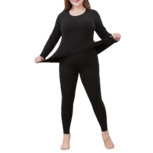 DBFBDTU Dünne Thermo-Unterwäsche Für Damen, Lange Unterhosen, Einfarbig, Rundhalsausschnitt, Intim-Sets, Warme Pyjamas Black XXXL von DBFBDTU