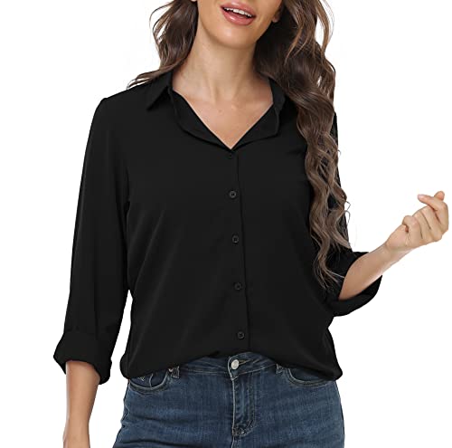 DEARCASE Damen Casual Button Down Hemd V-Ausschnitt Chiffon Langarm Büro Blusen Damen Loose Fit Sommer Tops, Large Black von DEARCASE