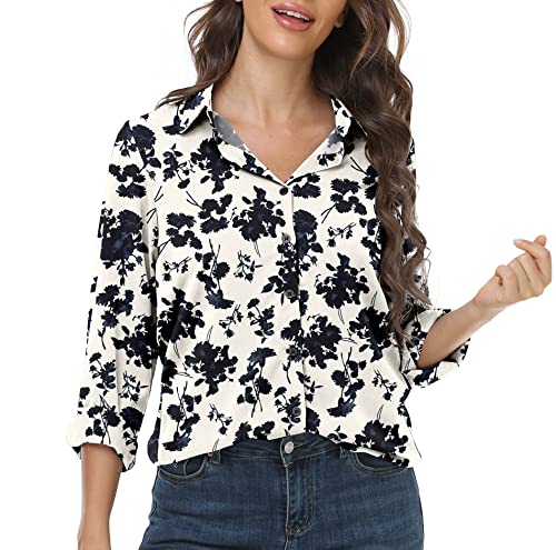 DEARCASE Damen Casual Button Down Hemd V-Ausschnitt Chiffon Langarm Büro Blusen Damen Loose Fit Sommer Tops, Large Floral Apricot von DEARCASE