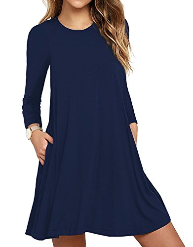 DEARCASE Damen Kleid Blumen Freizeitkleider Lange Ärmel Knielang Rundhal für Damen Plus Größe Elegant Strand Kleider mit Taschen (Blue, XL) von DEARCASE