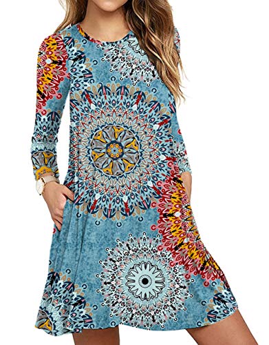 DEARCASE Damen Kleid Blumen Freizeitkleider Lange Ärmel Knielang Rundhal für Damen Plus Größe Elegant Strand Kleider mit Taschen (Mix Blau, XXL) von DEARCASE