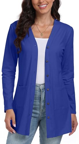 DEARCASE Frauen Offene Vorderseite Leichte Gestrickte Einfarbig Strickjacke mit Langen Ärmeln und Knopfleiste - lockerer Pullover mit Taschen, 2X-Large Royal Blue von DEARCASE