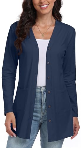 DEARCASE Frauen Offene Vorderseite Leichte Gestrickte Einfarbig Strickjacke mit Langen Ärmeln und Knopfleiste - lockerer Pullover mit Taschen, Small Navy von DEARCASE