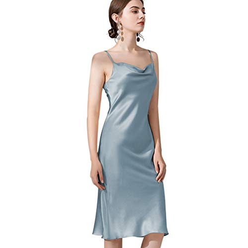 DEBAIJIA Damen Nachthemd Satin Negligee Sexy Lange Schlafanzüge Nachtkleid Nachtwäsche Ärmellos Pyjama Leichte Atmungsaktiv (Hellblau-L) von DEBAIJIA