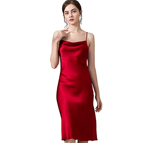 DEBAIJIA Damen Nachthemd Satin Negligee Sexy Lange Schlafanzüge Nachtkleid Nachtwäsche Ärmellos Pyjama Leichte Atmungsaktiv (Rot-M) von DEBAIJIA