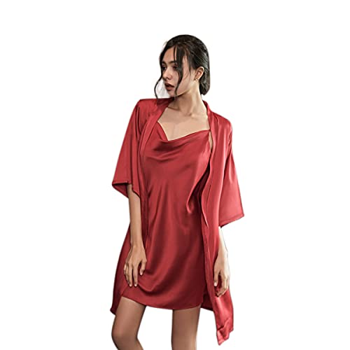 DEBAIJIA Damen Pyjama Nachthemd 2 Stück Set Frauen Schlafkleid Weiblich Sleepshirt Nachtrobe Seide Sexy Hausmantel Atmungsaktiv Bequem (Burgund-M) von DEBAIJIA