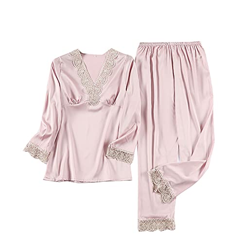 DEBAIJIA Damen Pyjama Nachthemd 2 Stück Set Frauen Schlafkleid Weiblich Sleepshirt Nachtrobe Seide Sexy Hausmantel Atmungsaktiv Bequem (Hell Rosa-M) von DEBAIJIA