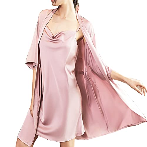 DEBAIJIA Damen Pyjama Nachthemd 2 Stück Set Frauen Schlafkleid Weiblich Sleepshirt Nachtrobe Seide Sexy Hausmantel Atmungsaktiv Bequem (Rosa-XXL) von DEBAIJIA