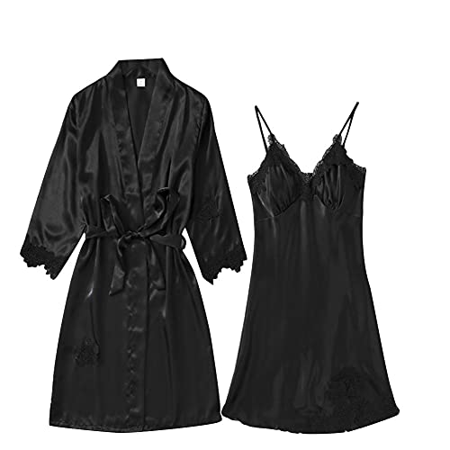 DEBAIJIA Damen Pyjama Nachthemd 2 Stück Set Frauen Schlafkleid Weiblich Sleepshirt Nachtrobe Seide Sexy Hausmantel Atmungsaktiv Bequem (Schwarz-XXL) von DEBAIJIA