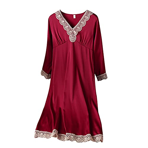 DEBAIJIA Damen Pyjama Nachtrobe Nachthemd Frauen Schlafkleid Weiblich Sleepshirt Seide Sexy Hausmantel Atmungsaktiv Bequem (Burgund-XL) von DEBAIJIA