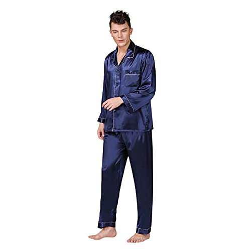 DEBAIJIA Herren Bademantel Morgenmantel Schlafanzug Pyjama Hose Seide Lang Satin Nachtwäsche Männer Hausmantel (Blau-L) von DEBAIJIA