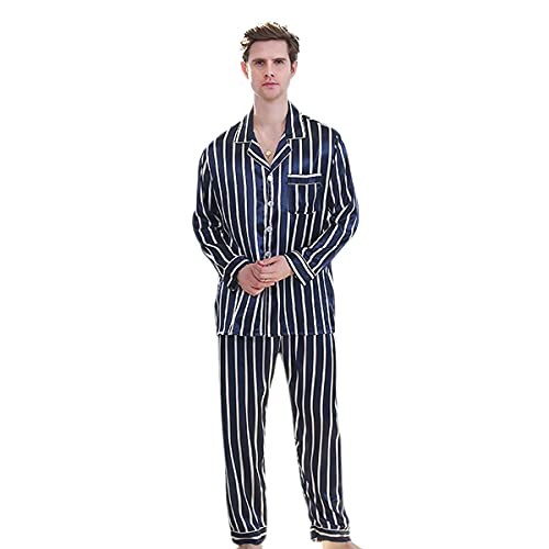 DEBAIJIA Herren Bademantel Morgenmantel Schlafanzug Pyjama Hose Seide Lang Satin Nachtwäsche Männer Hausmantel (Blau-XXXL) von DEBAIJIA