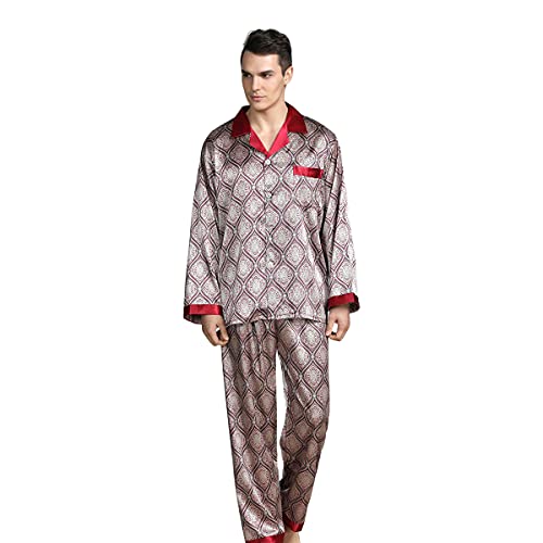 DEBAIJIA Herren Bademantel Morgenmantel Schlafanzug Pyjama Hose Seide Lang Satin Nachtwäsche Männer Hausmantel (Rotes-XXXL) von DEBAIJIA