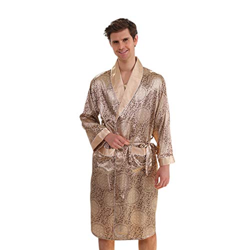 DEBAIJIA Herren Schlafanzug Morgenmantel Bademantel Pyjama Kurze Hose Seide Lang Satin Nachtwäsche Männer Hausmantel (Gold-5XL) von DEBAIJIA