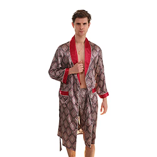 DEBAIJIA Herren Schlafanzug Morgenmantel Bademantel Pyjama Kurze Hose Seide Lang Satin Nachtwäsche Männer Hausmantel (Rot-3XL) von DEBAIJIA