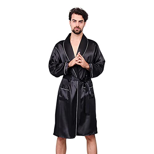 DEBAIJIA Herren Schlafanzug Morgenmantel Bademantel Pyjama Kurze Hose Seide Lang Satin Nachtwäsche Männer Hausmantel (Schwarz-L) von DEBAIJIA