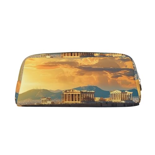 DEHIWI Federmäppchen Akropolis Stadtbild Skyline Stifttasche Wasserdicht Niedlich Leder Bleistift Tasche Reise Kosmetik Make-up Tasche Organizer Stifthalter für Büro Make-up, gold, Einheitsgröße, von DEHIWI