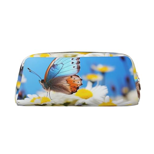 DEHIWI Federmäppchen Schmetterling auf Gänseblümchen Stifttasche Wasserdicht Niedlich Leder Bleistift Tasche Reise Kosmetik Make-up Tasche Organizer Stifthalter für Büro Make-up, gold, Einheitsgröße, von DEHIWI