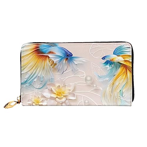 DEHIWI Goldfisch Lotus Blumen Leder Zip Around Wallet Frauen Clutch Geldbörse Reise Kartenhalter Tasche Geschenk, Schwarz , Einheitsgröße von DEHIWI