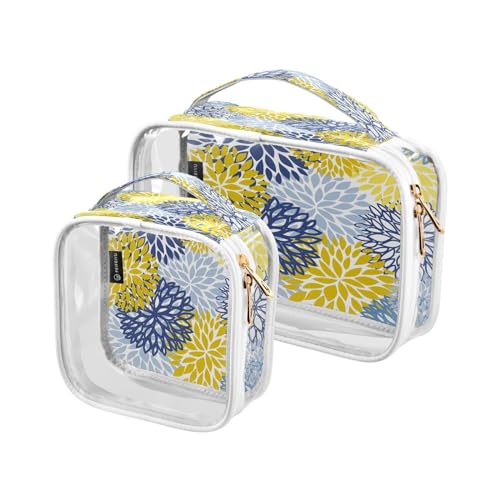 DEHOZO 2 Stück transparente Kulturbeutel, Blumen-Dahlie, Chrysantheme, Reise-Make-up-Tasche mit Griff, TSA-zugelassener Kosmetiktaschen-Organizer für Damen und Herren, Handgepäcktasche für von DEHOZO