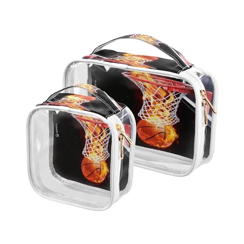 DEHOZO 2 Stück transparente Kulturbeutel, Flaming Basketball Ball Reise Make-up Tasche mit Griff, TSA-zugelassene Kosmetiktasche Organizer für Damen und Herren, Handgepäcktasche für Reiseutensilien von DEHOZO