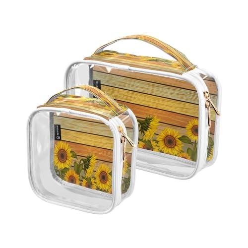 DEHOZO 2 Stück transparente Kulturbeutel, Holzbrett Sonnenblumen, Reise-Make-up-Tasche mit Griff, TSA-zugelassener Kosmetiktaschen-Organizer für Damen und Herren, Handgepäcktasche für Reiseutensilien, von DEHOZO