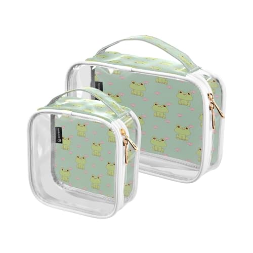 DEHOZO 2 Stück transparente Kulturbeutel, Sommerfrosch, Lotusblüte, Reise-Make-up-Tasche mit Griff, TSA-zugelassener Kosmetiktaschen-Organizer für Damen und Herren, Handgepäcktasche für von DEHOZO