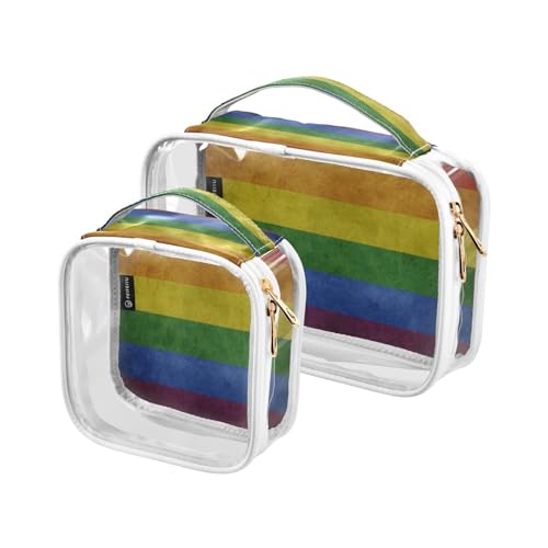 DEHOZO 2 Stück transparente Kulturbeutel, Vintage-Retro-Streifen, Regenbogen-Reise-Make-up-Tasche mit Griff, TSA-zugelassener Kosmetiktaschen-Organizer für Damen und Herren, Handgepäcktasche für von DEHOZO