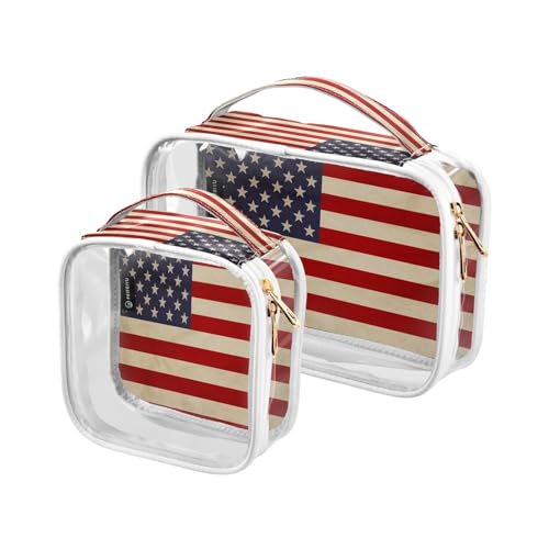 DEHOZO 2 Stück transparente Kulturbeutel, Vintage-amerikanische Flagge, Reise-Make-up-Tasche mit Griff, TSA-zugelassener Kosmetiktaschen-Organizer für Damen und Herren, Handgepäcktasche für von DEHOZO