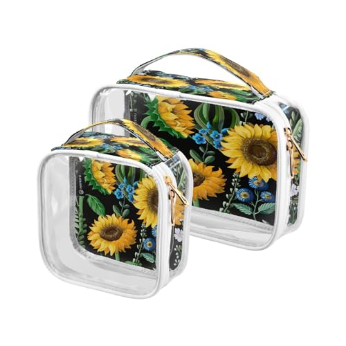 DEHOZO 2 Stück transparente Kulturbeutel, blau-gelbe Sonnenblumen-Blumen, Reise-Make-up-Tasche mit Griff, TSA-zugelassener Kosmetiktaschen-Organizer für Damen und Herren, Handgepäcktasche für von DEHOZO