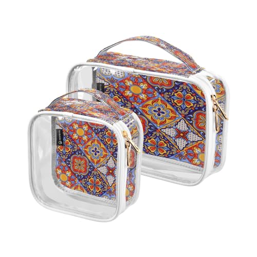 DEHOZO 2 Stück transparente Kulturbeutel, mexikanisches Talavera-Fliesen-Mandala-Reise-Make-up-Tasche mit Griff, TSA-zugelassener Kosmetiktaschen-Organizer für Damen und Herren, Handgepäcktasche für von DEHOZO