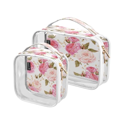 DEHOZO 2 Stück transparente Kulturbeutel, rosa Blumen Blume Rose Reise Make-up Tasche mit Griff, TSA-zugelassene Kosmetiktasche Organizer für Damen und Herren, Handgepäcktasche für Reiseutensilien von DEHOZO