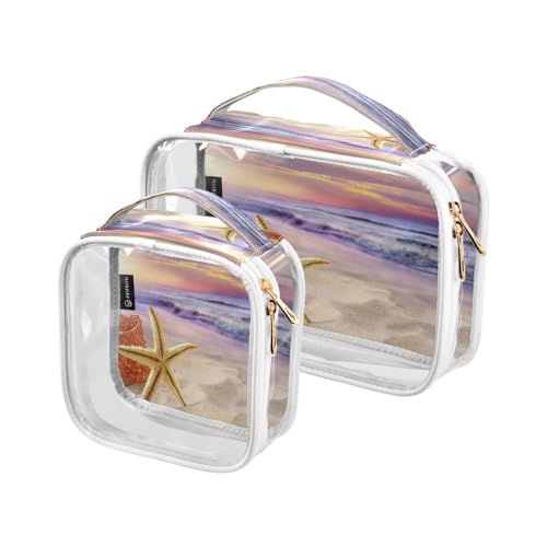 DEHOZO 2 Stück transparente Kulturbeutel, tropischer Strand, Seestern, Sonnenuntergang, Reise-Make-up-Tasche mit Griff, TSA-zugelassener Kosmetiktaschen-Organizer für Damen und Herren, von DEHOZO