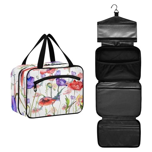 DEHOZO Aquarell-Mohnblumenkulturbeutel, hängende Make-up-Tasche, Organizer für Damen und Herren, tragbare Kosmetiktasche, Waschbeutel für Reiseutensilien, Toilettenartikel, Kosmetik, Pinsel, Shampoo, von DEHOZO