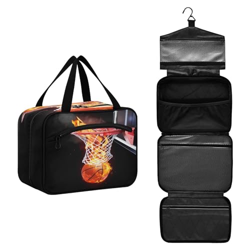 DEHOZO Flaming Basketball Ball Reise-Kulturbeutel, hängende Make-up-Tasche Organizer für Damen und Herren, tragbare Kosmetiktasche, Waschbeutel für Reiseutensilien, Toilettenartikel, Kosmetik, Pinsel, von DEHOZO