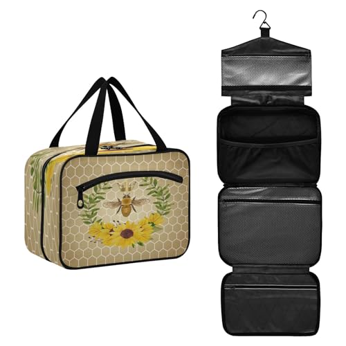 DEHOZO Geometrische Krone Bienen Sonnenblume Reise-Kulturbeutel, hängende Make-up-Tasche Organizer für Damen und Herren, tragbare Kosmetiktasche, Waschbeutel für Reiseutensilien, Toilettenartikel, von DEHOZO