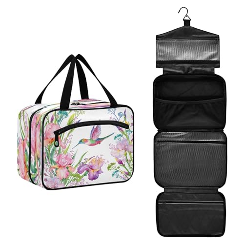 DEHOZO Kulturbeutel mit Kolibri-Vogel-Blumen, Frühlings-Reise-Kulturbeutel, hängende Make-up-Tasche, Organizer für Damen und Herren, tragbare Kosmetiktasche, Waschbeutel für Reiseutensilien, von DEHOZO