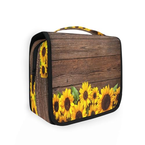 DEHOZO Kulturbeutel zum Aufhängen, Holz, Sommer, Blumen, Sonnenblume, Aquarellblätter, Palmen, Baum, tragbare Make-up-Tasche, Reise-Organizer für Damen und Herren, faltbare Kosmetiktasche, von DEHOZO