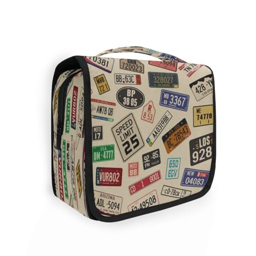 DEHOZO Kulturbeutel zum Aufhängen, Retro-Auto-Nummernschild, Aquarellblätter, Palmen, Baum, tragbare Make-up-Tasche, Reise-Organizer für Damen und Herren, faltbare Kosmetiktasche, Reisetaschen für von DEHOZO