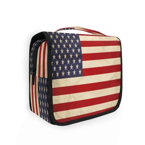 DEHOZO Kulturbeutel zum Aufhängen, Vintage-amerikanische Flagge, Aquarellblätter, Palmen, Baum, tragbare Make-up-Tasche, Reise-Organizer für Damen und Herren, faltbare Kosmetiktasche, Reisetaschen für von DEHOZO